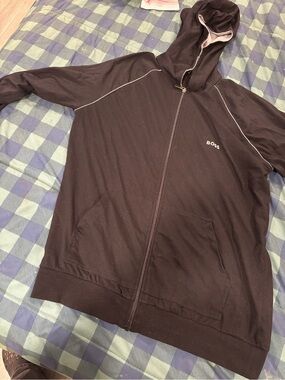 BOSS Black Zip-Up Hoodie with Subtle Piping